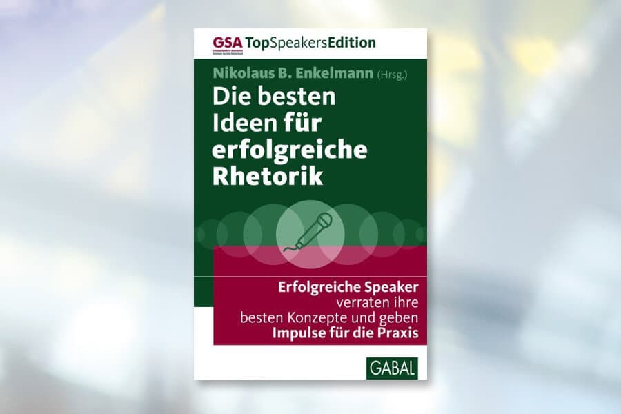Portada del libro "Las mejores ideas para una retórica exitosa" en un diseño verde y blanco con un símbolo de micrófono.