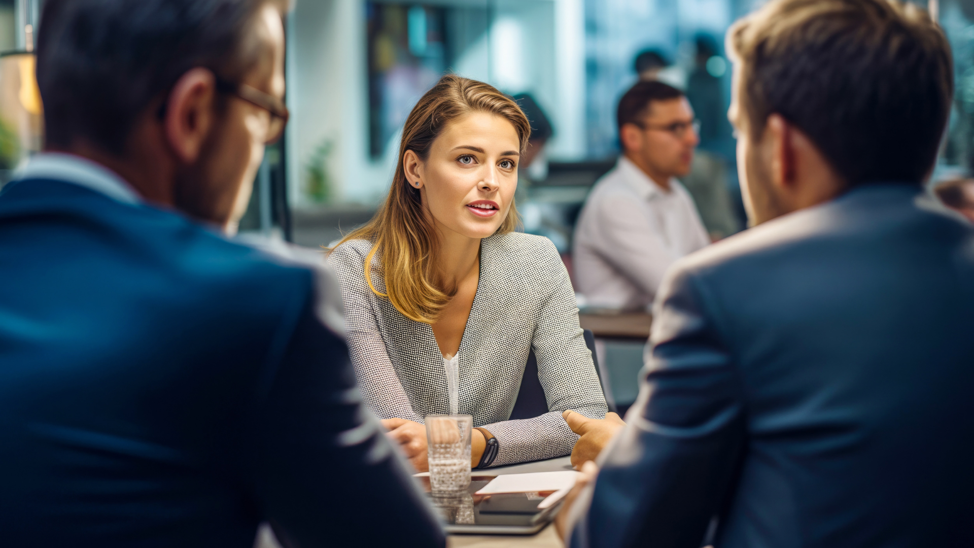 Una mujer vestida de trabajo habla con dos hombres en una mesa de una oficina. Al fondo se pueden ver otras dos personas.