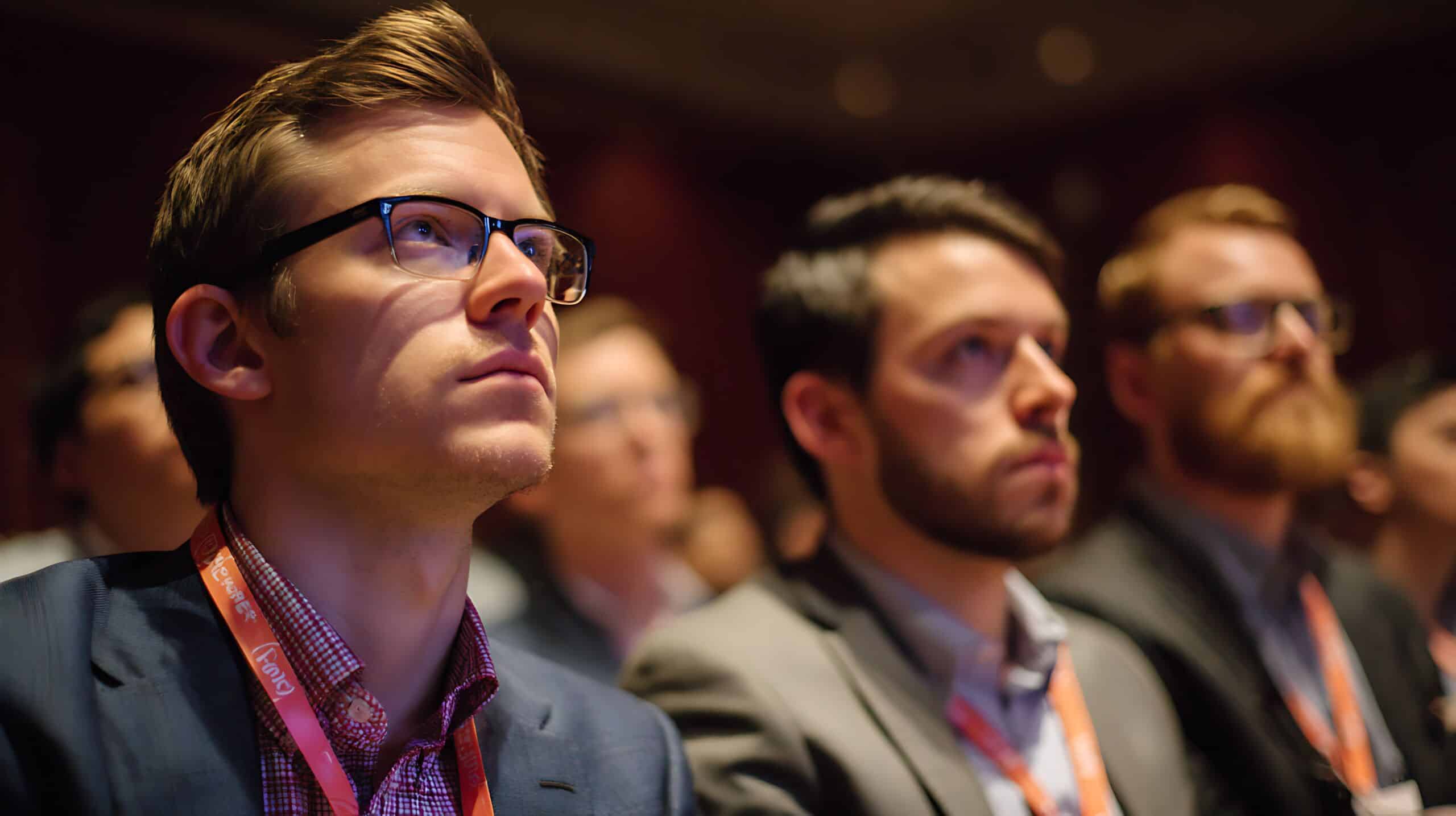 Eine Gruppe von Männern in Business-Kleidung und mit Konferenzbändern sitzt dicht beieinander und verfolgt aufmerksam einen Vortrag über Rhetorik für Führungskräfte in einem schummrigen Raum.