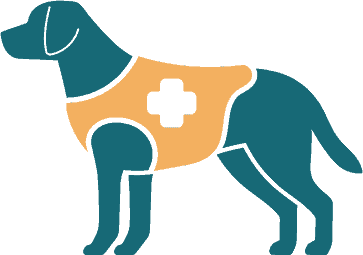 Assistenzhund das Tragen einer medizinischen Alarmweste, um einer Person mit Behinderung zu helfen, mit Schwerpunkt auf Assistenzhundtraining und Unterstützung für Menschen mit medizinischen Bedürfnissen.