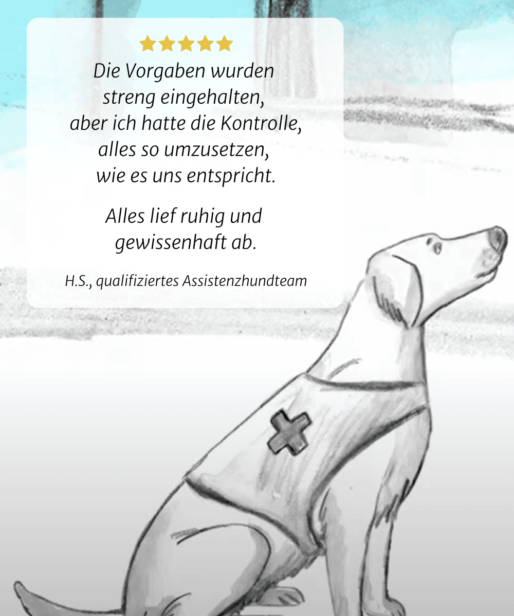 Ein Labradoodle mit Kenndecke vor petrolfarbenem Hintergrund mit Worten wie Assistenzhund - Zuhörer, Partner. Lebensretter, Türenöffner, etc.