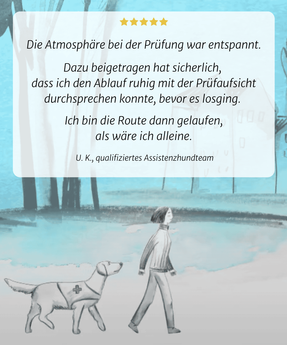 Die Atmosphäre bei der Prüfung war entspannt. Das wurde sicherlich dadurch erleichtert, dass wir die Route vor unserer Aufbruch besprochen haben. Großbritannien, qualifiziert  Assistenzhundteam 