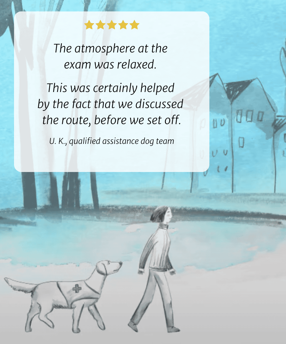 Die Atmosphäre bei der Prüfung war entspannt. Das wurde sicherlich dadurch erleichtert, dass wir die Route vor unserer Aufbruch besprochen haben. Großbritannien, qualifiziert  Assistenzhundteam 
