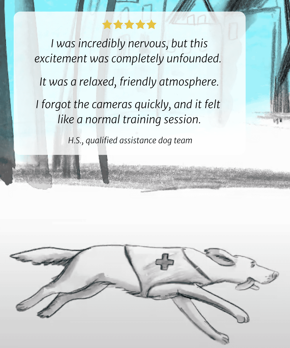 Ich war unglaublich nervös, aber diese Aufregung war völlig unbegründet. Es herrschte eine entspannte, freundliche Atmosphäre. Ich habe die Kameras schnell vergessen, und es fühlte sich wie eine normale Trainingseinheit an. Gymnasial, qualifizierte  Assistenzhundteam 