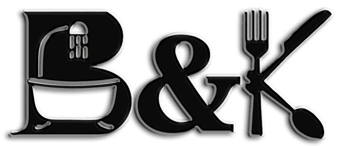 Logo mit "B&K", wobei das "B" eine Badewanne und einen Duschkopf enthält und das "K" eine Gabel und einen Löffel bildet. Perfekt für Küchen- und Badezimmergeschäfte.