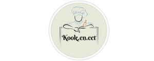 Logo mit einer Kochfigur, die ein Nudelholz hinter einem Schild mit der Aufschrift "Cook.and.eat" hält, inspiriert von klassischen Küchengeschäften.