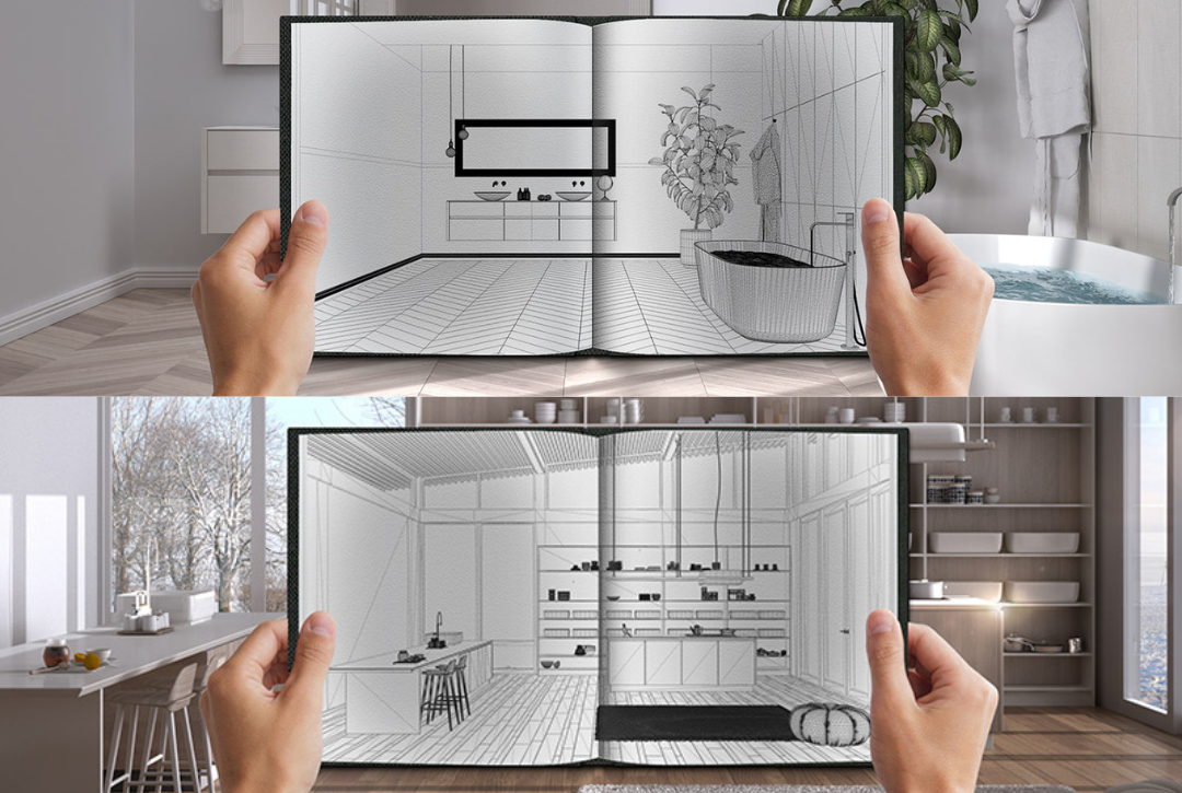 Zwei Bilder von Händen mit Skizzenbüchern, eines von einem Badezimmer, das andere von einer Küche, beide mit modernen, minimalistischen Möbeln.