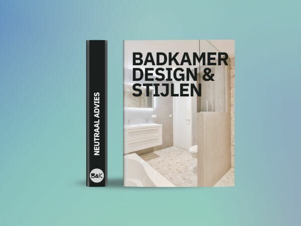 Bild eines Buches mit dem Titel "BATHROOM DESIGN & STYLES" mit einem modernen Badezimmer auf dem Cover. Neben dem Buch befindet sich ein vertikales Banner mit der Aufschrift "NEUTRAL ADVICE", perfekt für alle, die Inspiration für ihre Bad- und Küchenprojekte suchen.
