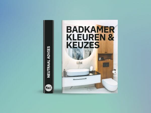 Ein Buch mit dem Titel "Bathroom Colors & Choices" erscheint neben einem schwarzen Musterbuch mit der Aufschrift "Neutral Advice". Das Titelbild zeigt ein modernes Badezimmer mit Holzschränken und einer weißen Toilette und einem Waschbecken, das die stilvolle Designwahl für Bad und Küche hervorhebt.
