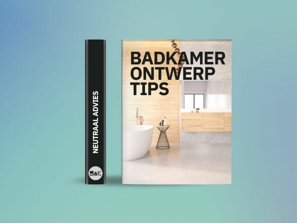 Ein Buch mit dem Titel "Bathroom and Kitchen Design Tips" steht aufrecht neben einem anderen Buch mit der Aufschrift "Neutral Advice" auf einem grün-blauen Hintergrund.