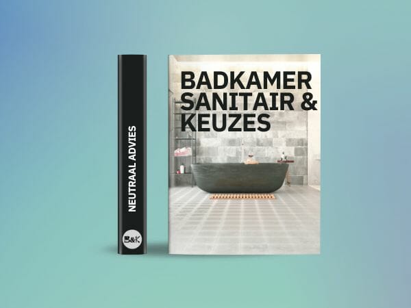 Ein Broschürencover mit dem Titel "Bathroom and Kitchen Sanitary & Choices" neben einem Buch mit dem Titel "Neutral Advice" auf einem Hintergrund mit blauem und grünem Farbverlauf. Beide sind mit dem B&K-Logo versehen.