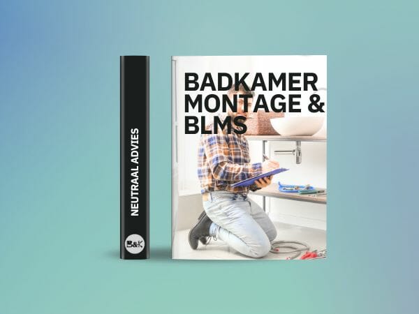 Ein Buch mit dem Titel "Bathroom and Kitchen Assembly & BLMS" neben einem schwarzen Kasten mit der Aufschrift "Neutral Advice" auf einem blau-grünen Hintergrund mit Farbverlauf.
