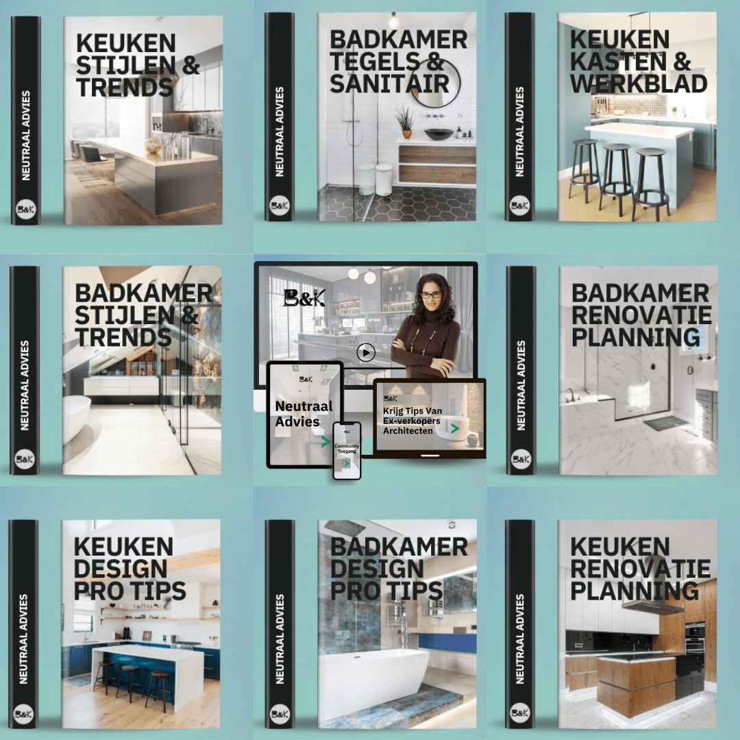 Raster aus neun Bildern mit Designtipps und Trends für Bad und Küche, mit Titeln wie "Kitchen Styles & Trends" und "Bathroom Renovation Planning", zusammen mit einem zentralen Bild einer Person, die Ratschläge gibt.