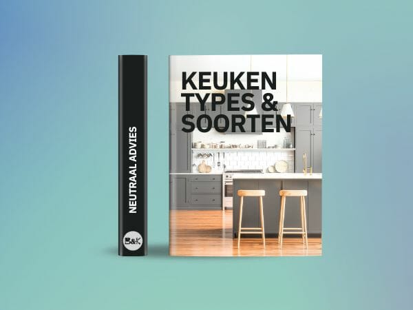Buch mit dem Titel "KITCHEN TYPES & TYPES" mit einem Küchencover-Design, ausgestellt neben einem dünnen, schwarzen Buch mit dem Titel "NEUTRAL ADVICE" auf einem Hintergrund mit Farbverlauf von Blau zu Grün, das oft in Luxusküchengeschäften zu sehen ist.