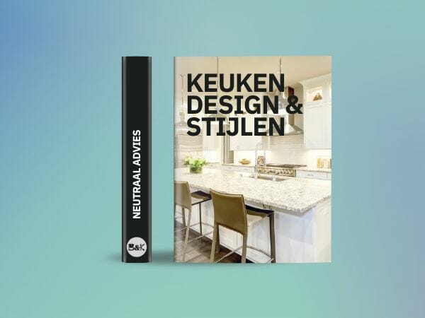 Ein Buch mit dem Titel "Kitchen Design & Styles" mit einem Küchenbild auf dem Cover, platziert neben einem schwarzen Buch mit dem Text "Neutral Advice" auf dem Rücken, vor einem grün-blauen Hintergrund mit Farbverlauf - ein perfektes Paar, um sich in Küchengeschäften umzusehen.
