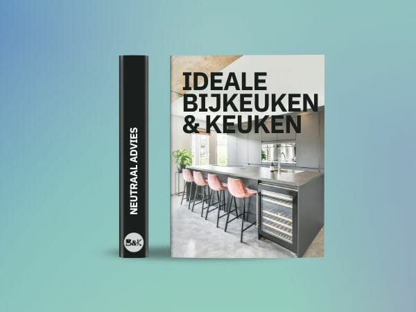 Bild eines Buches mit dem Titel "IDEAL UTILITY ROOM & KITCHEN" neben einer rechteckigen Verpackung mit der Aufschrift "NEUTRAL ADVICE" auf einem Hintergrund mit Farbverlauf. Das Buchcover, perfekt für diejenigen, die in Küchengeschäften stöbern, zeigt ein modernes Kücheninterieur.