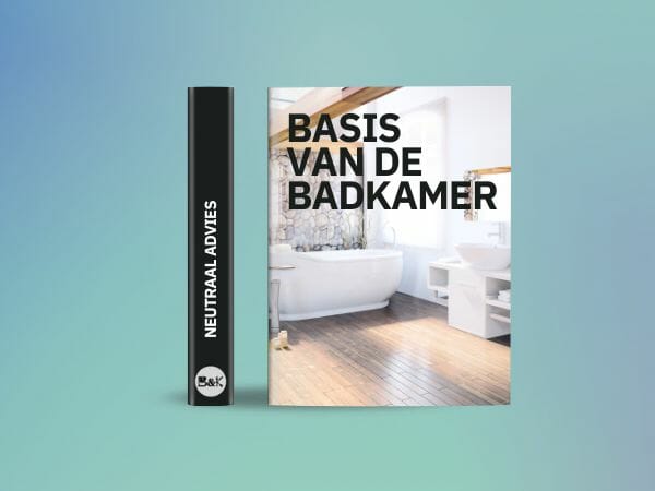 Bild eines Buches mit dem Titel "Grundlagen des Badezimmers" neben einem dunklen Zylinder mit der Aufschrift "Neutrale Ratschläge" auf einem Hintergrund in blau-grünem Farbverlauf, perfekt für diejenigen, die ihr Badezimmer und ihre Küche verbessern möchten.