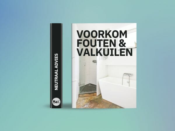 Buch mit dem Titel "FEHLER UND FALLSTRICKE VERMEIDEN" vor einem Hintergrund mit Farbverlauf. Das Buch befindet sich neben einem Buchrücken mit der Aufschrift "NEUTRALER RATSCHLAG". Das Cover zeigt eine Badezimmerszene mit Dusche und Badewanne und hebt die häufigen Fallstricke im Bad- und Küchendesign hervor.