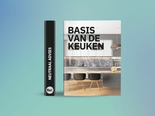 Buch mit dem Titel "Basics Of The Kitchen" mit dem Bild einer modernen Küche auf dem Cover neben einem Schwarz-Weiß-Buch mit dem Titel "Neutral Advice", alles vor einem Hintergrund mit Farbverlauf, der an Auslagen in Top-Küchengeschäften erinnert.
