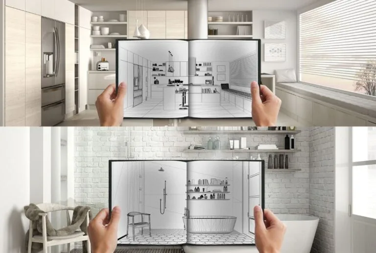 Zwei Bilder von Händen, die illustrierte Innenarchitekturbücher halten. Das obere Buch hat ein Küchendesign, während das untere Buch ein Badezimmer zeigt. Die beiden Räume im Hintergrund entsprechen den Entwürfen.