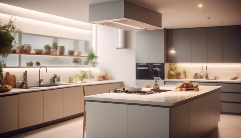 Moderne Küche mit Kochinsel, Einbaugeräten und Beleuchtung unter dem Schrank. Regale mit Töpfen und Pflanzen. Minimalistisches Design mit neutraler Farbpalette und schlanken Oberflächen.