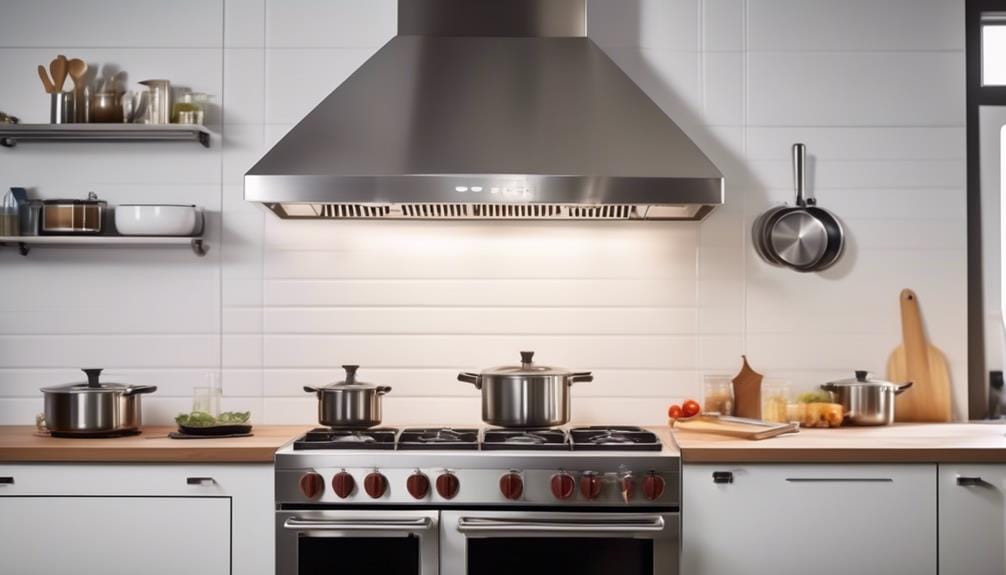 Eine moderne Küche mit Edelstahlherd und Backofen, Dunstabzugshaube und Holzarbeitsplatten. Töpfe und Utensilien stehen auf dem Herd und auf den Arbeitsplatten, an der Wand befinden sich Regale mit verschiedenen Gegenständen.