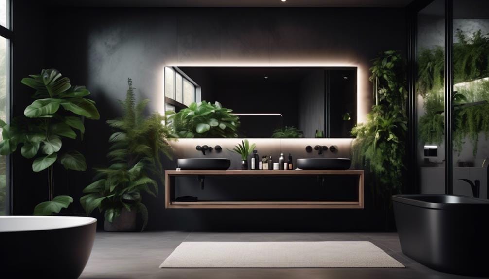 Modernes Badezimmer mit einem großen beleuchteten Spiegel, schwarzen Doppelwaschbecken, dunklen Wänden, Topfpflanzen und einer schwarzen Badewanne.