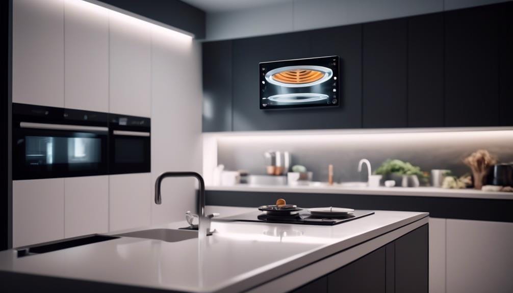 Moderne Küche mit minimalistischem Design mit einer schlanken Kücheninsel im Vordergrund, einem Wandofen und einer Mikrowelle über der Theke. Klare Linien und neutrale Farben dominieren den Raum.