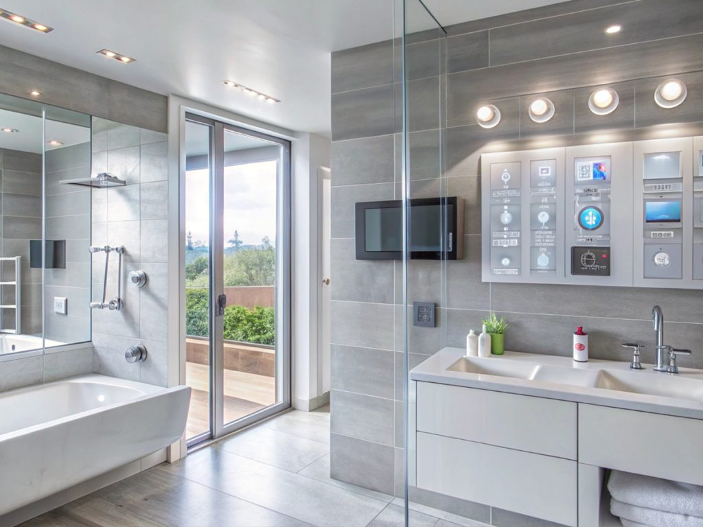 Luxe badkamer met een vrijstaand bad, glazen douche, grote spiegel, smart panel en elegante wastafel. Een glazen deur opent naar een balkon met uitzicht op weelderig groen.