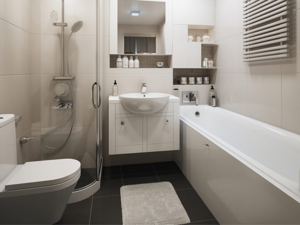 Ein modernes Badezimmer mit Dusche, Badewanne, WC und Waschbecken ist mit weißen Fliesen und Armaturen in Kombination mit einem dunklen Boden ausgestattet. Eine Fußbodenheizung erhöht den Komfort unter den Füßen. Die Regale sind mit ordentlich angeordneten Flaschen und Handtüchern bestückt.