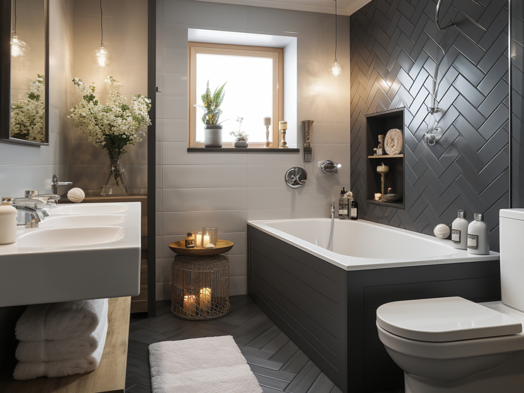 Erleben Sie die Eleganz eines modernen Badezimmers, das sich perfekt für ein Badezimmerrenovierungsprojekt eignet, mit einer freistehenden Badewanne, grauen Fischgrätfliesen und üppigen Topfpflanzen in der Nähe eines holzgerahmten Fensters.