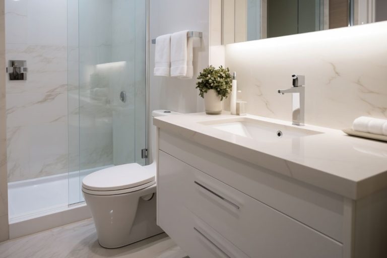 Ein modernes kleines Badezimmer verfügt über ein weißes Waschbecken, einen beleuchteten Spiegel und eine Topfpflanze. Auf der linken Seite finden Sie neben der Toilette eine Glasdusche, die perfekt für eine effiziente Raumnutzung konzipiert ist.