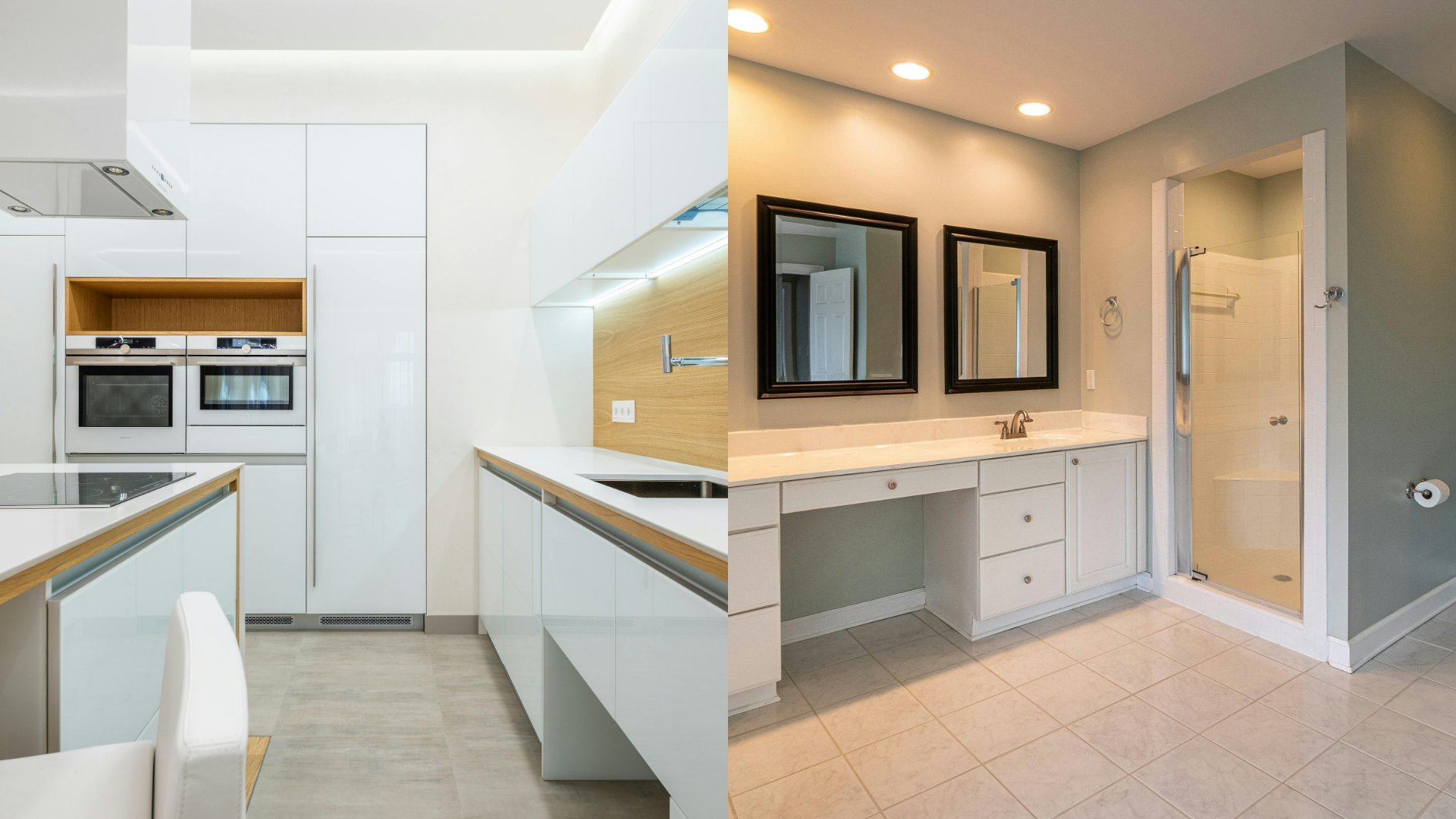 Split-Bild: Links ist ein modernes Küchendesign mit weißen Schränken und Einbaugeräten; Auf der rechten Seite befindet sich ein Badezimmer mit grauen Wänden, einem Waschbecken mit zwei Spiegeln und einer Glasdusche.