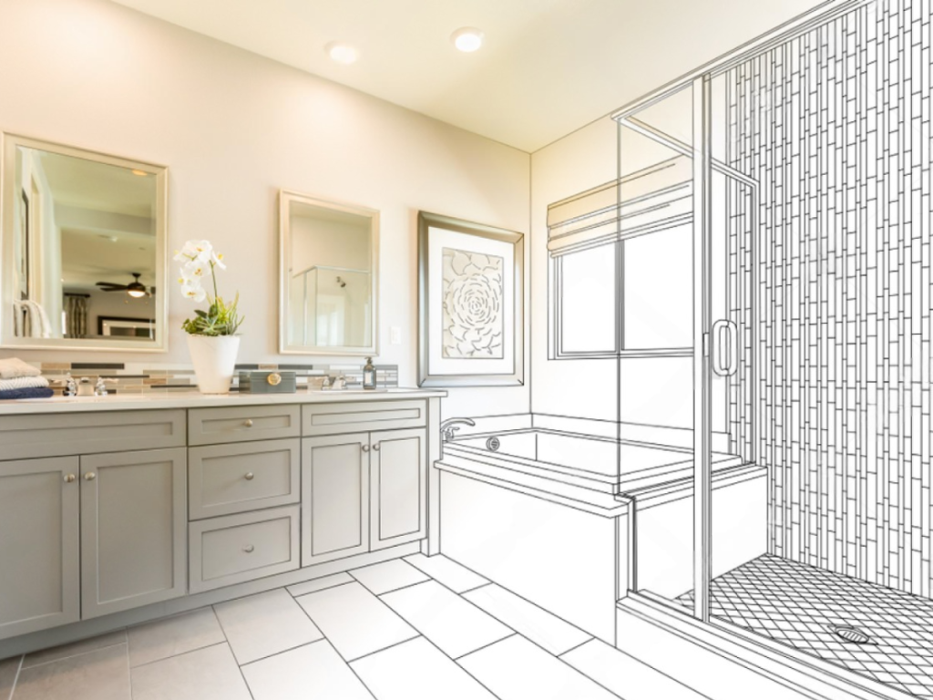 Ein Badezimmerdesign mit halb echten und halb gezeichneten Elementen, mit einem Waschbecken, Spiegeln, einer Badewanne und einer Dusche mit gefliesten Wänden. Es ist eine einzigartige Mischung, die die Kreativität in Räumen anregen kann, die normalerweise Küchengeräten vorbehalten sind.