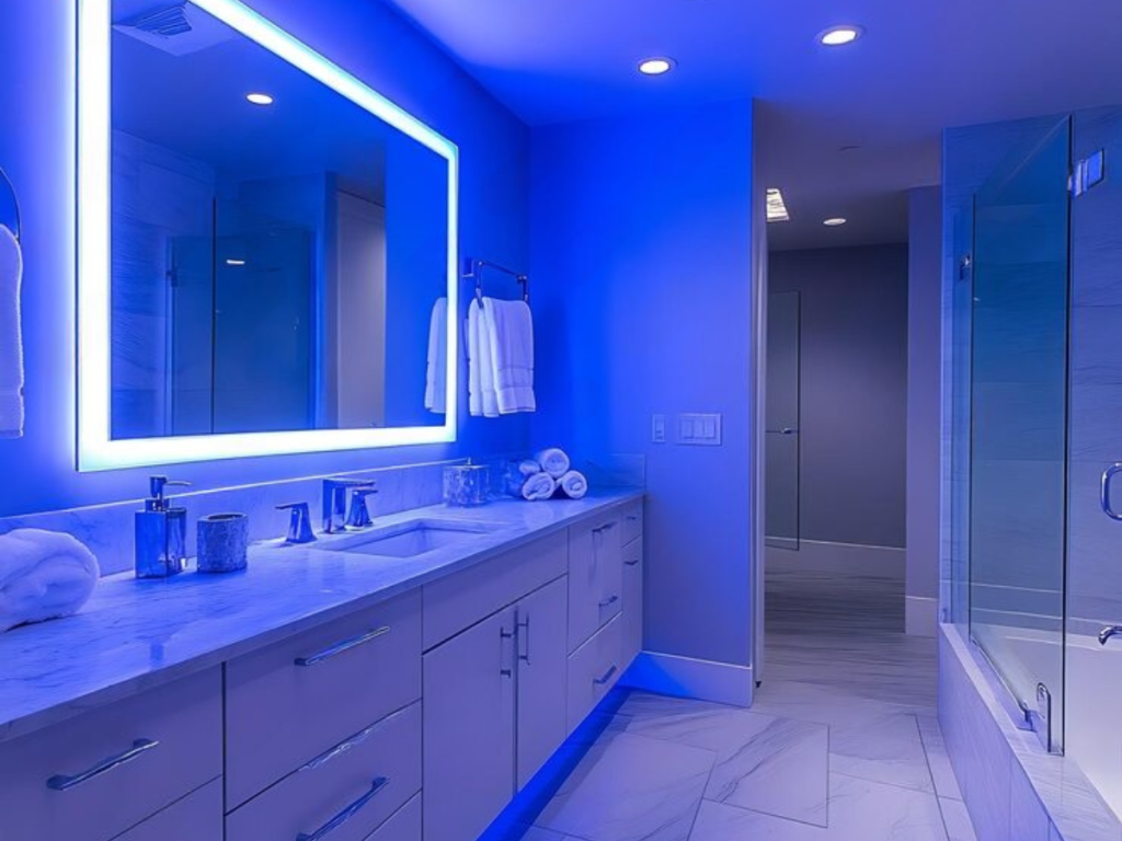 Das Badezimmer verfügt über Marmorarbeitsplatten, Doppelwaschbecken und eine Duschkabine aus Glas. Ein großer Spiegel mit blauer Beleuchtung sorgt für Eleganz, während ordentlich gefaltete Handtücher auf der Arbeitsplatte ruhen und an offene Küchen erinnern, die für ihre klaren Linien und ihr funktionales Design bekannt sind.