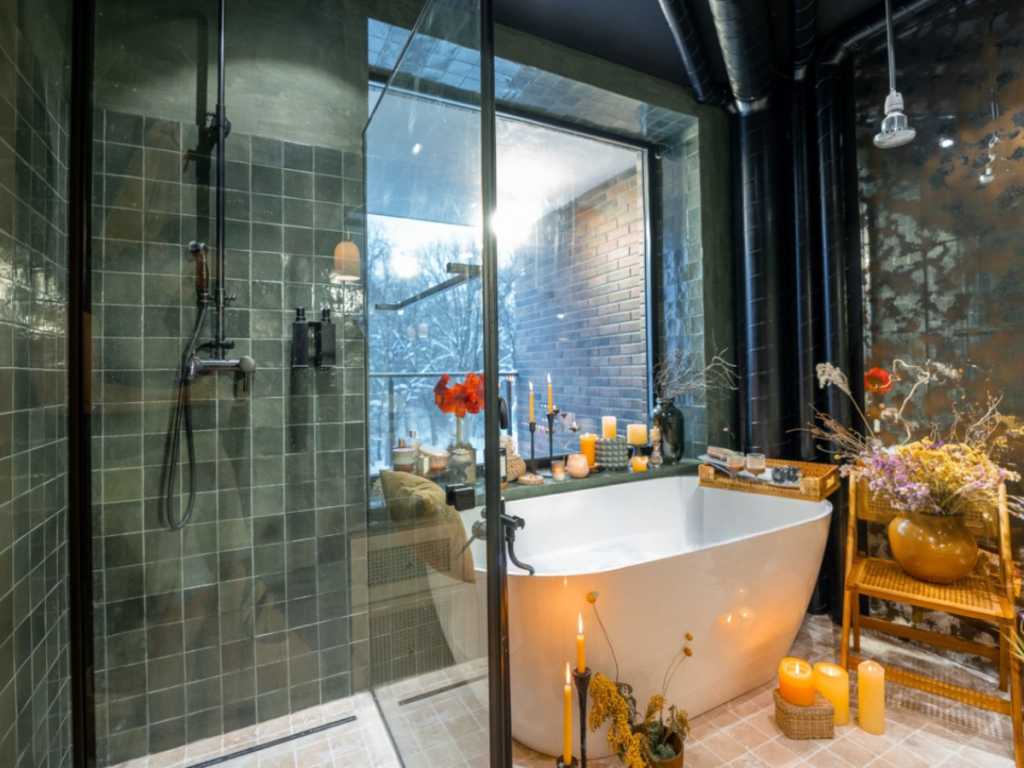 Ein ruhiges, modernes Badezimmer mit einer Glasdusche und einer freistehenden Badewanne. Kerzen, die durch das große Fenster in natürliches Licht getaucht sind, sorgen für Atmosphäre, während ein mit Blumen und einer Topfpflanze geschmückter Stuhl den ruhigen Raum ergänzt, der an einen friedlichen Rückzugsort in der Küche erinnert.