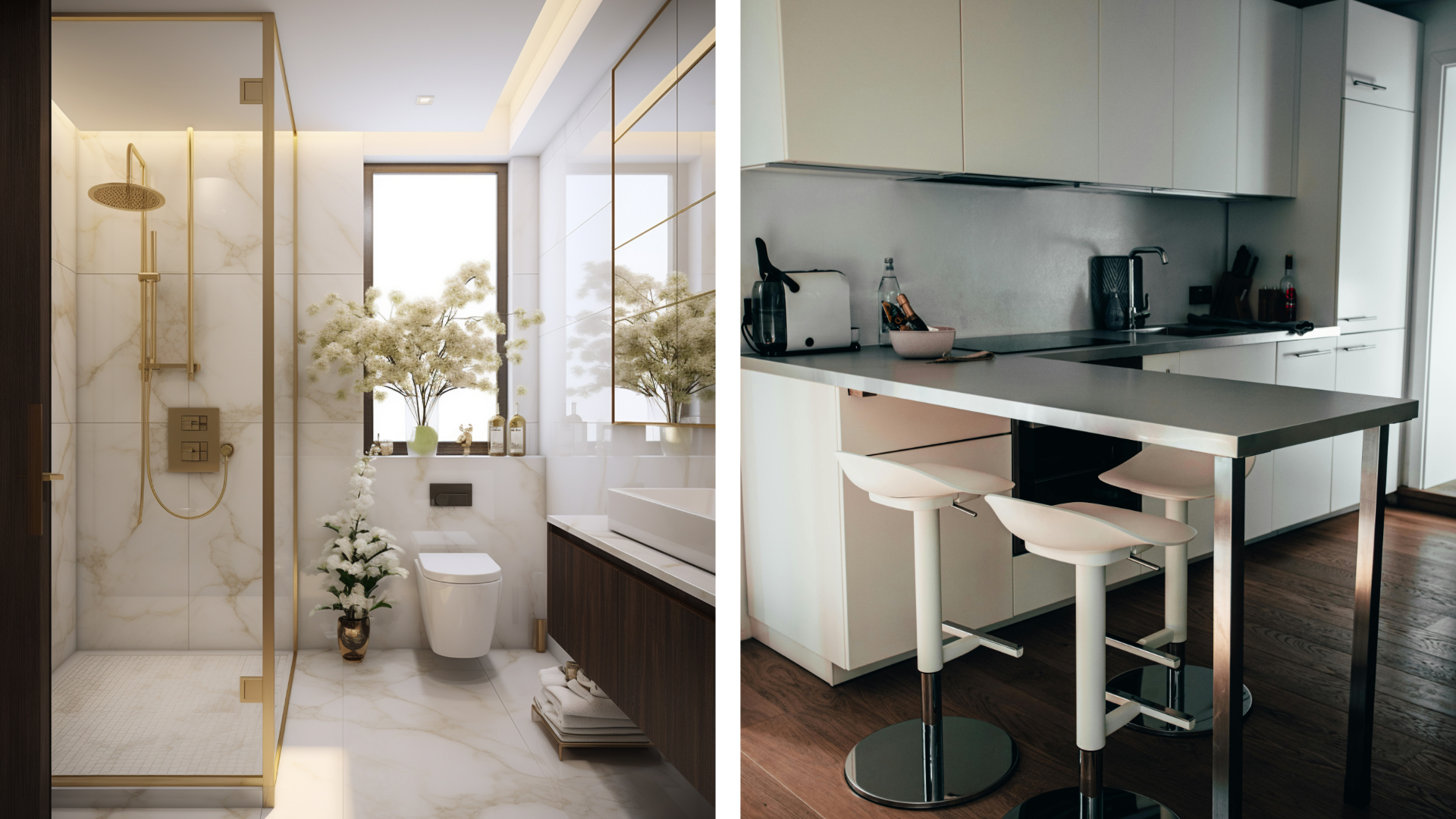 Luxuriöses Badezimmer mit Marmordusche und Blumen, ganz im Einklang mit den neuesten Badezimmertrends; Moderne Küche mit Barhockern und eleganten Arbeitsplattengeräten.