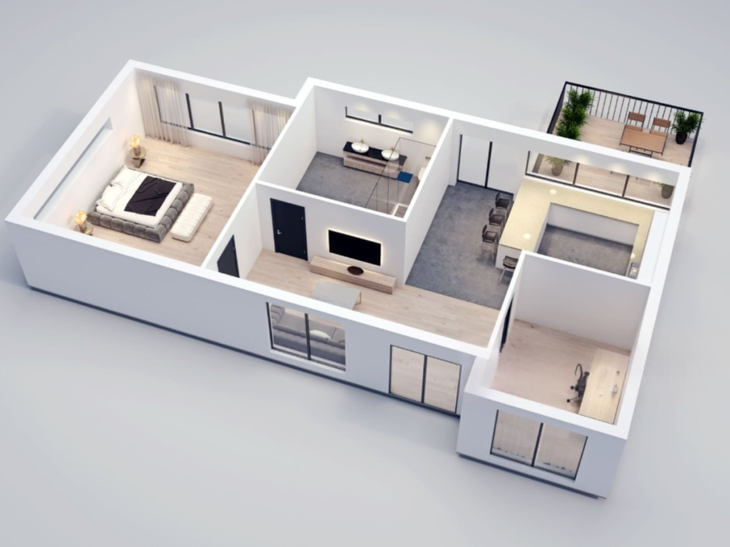 3D-Rendering eines modernen Wohnungslayouts mit einem Schlafzimmer, einem Badezimmer, einem Wohnzimmer und einer Küche in der Küche, ergänzt durch einen Balkon.