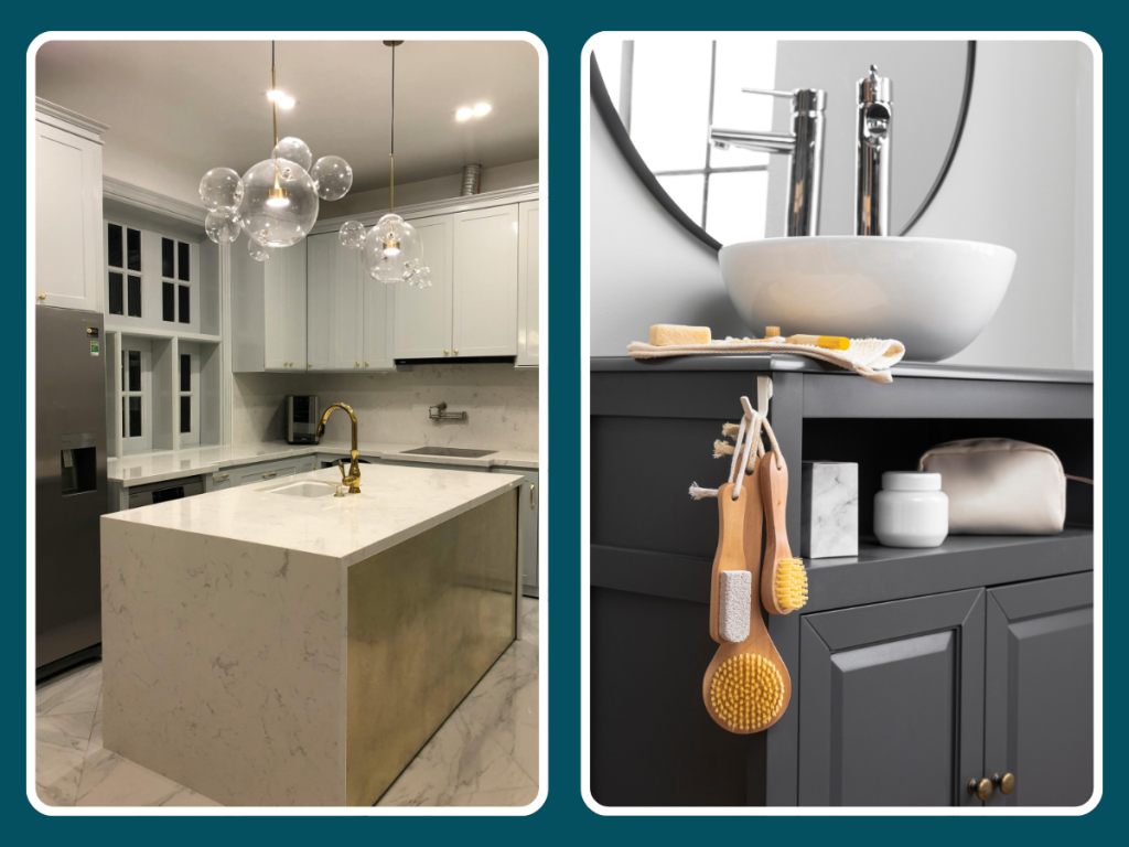 Links: Moderne Küche mit Marmorinsel, weißen Schränken und Blasenbeleuchtung, der Inbegriff von elegantem Küchendesign. Rechts: Badezimmerschrank mit rundem Spiegel, weißem Waschbecken und hängenden Bürsten auf einem grauen Schrank.