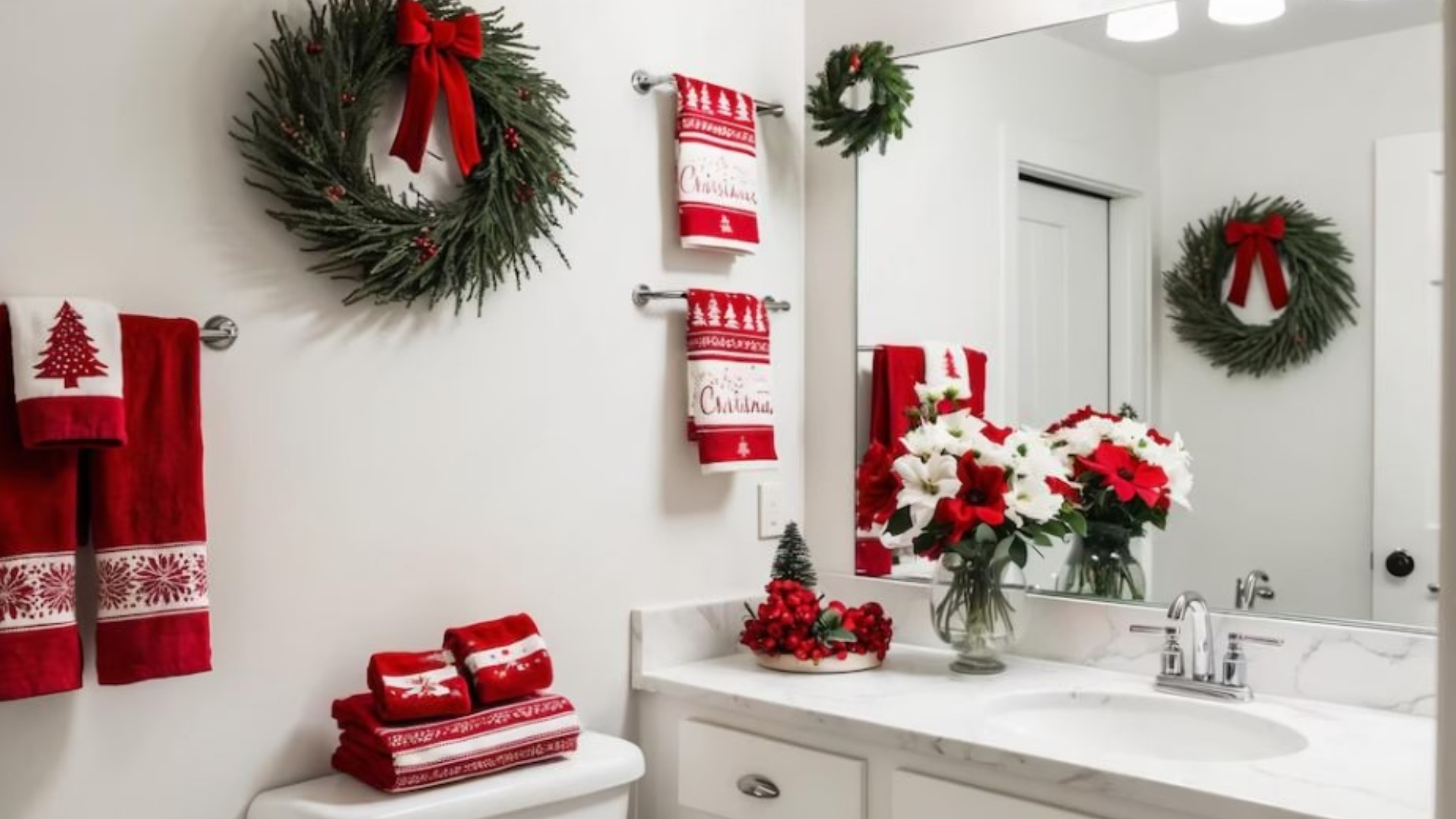 Ein Badezimmer, das in weihnachtlicher Atmosphäre eingerichtet ist, hat rote Handtücher, einen festlichen Kranz an der Wand und den Spiegel und eine weiße Arbeitsplatte, die mit roten und weißen Blumen geschmückt ist. So entsteht ein gemütliches, von der Küche inspiriertes Ambiente.