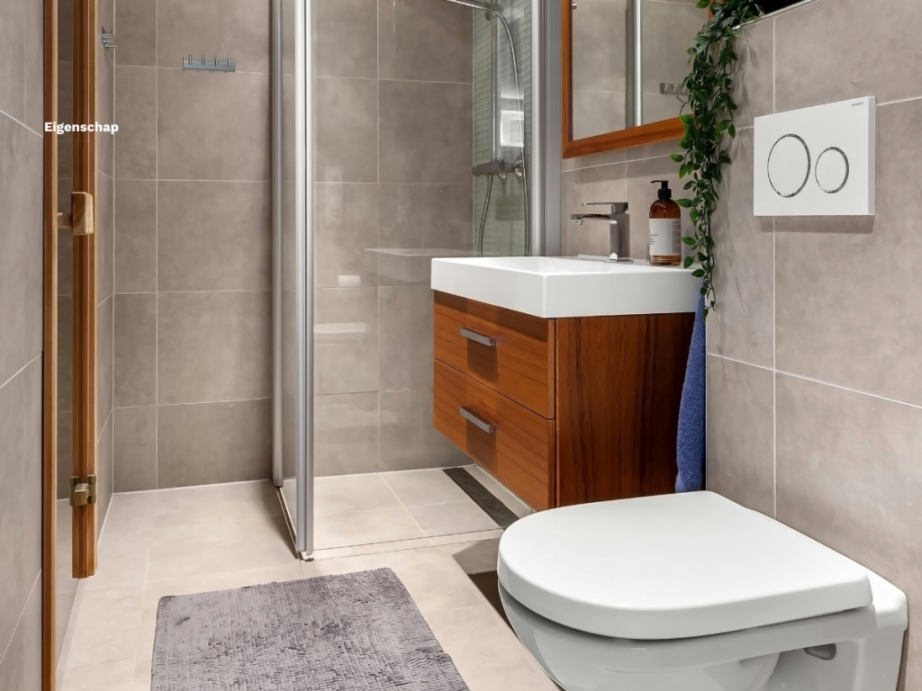 Modernes Badezimmer mit einer Glasdusche, einem Holzwaschbecken mit weißem Waschbecken, einer Hängetoilette, einem großen Spiegel und einem grauen Teppich auf dem Boden. Entworfen, um kinderfreundlich zu sein und dennoch stilvoll und funktional zu bleiben.