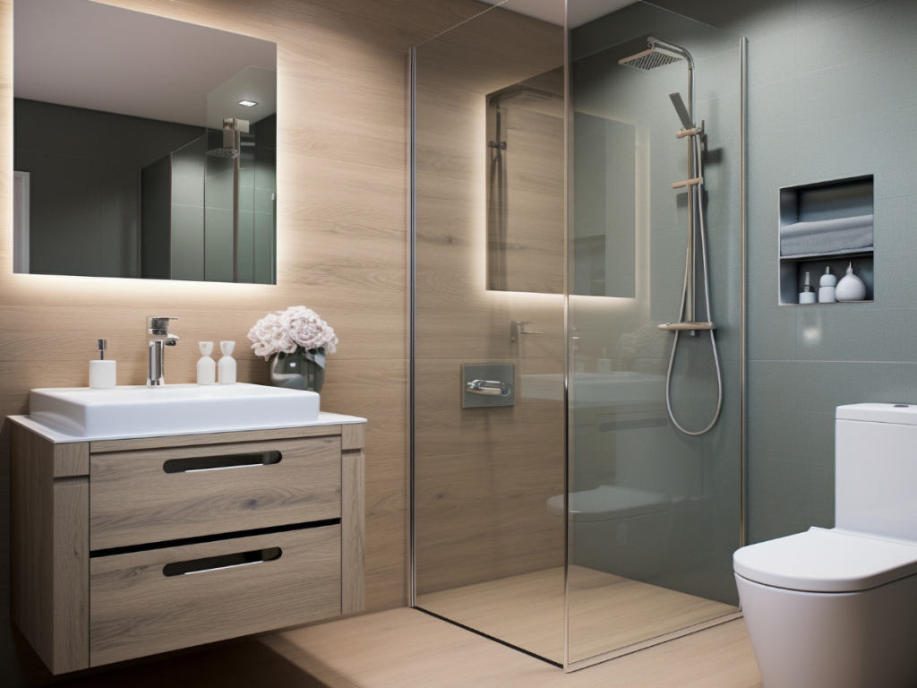 Ein modernes Badezimmer mit Holzvertäfelung und einer schlanken Duschkabine aus Glas zeigt maßgeschneiderte Lösungen. Das weiße Waschbecken mit Schubladen wird mit einem Spiegel und frischen Blumen darüber neben der Toilette kombiniert, um einen eleganten Touch zu verleihen.