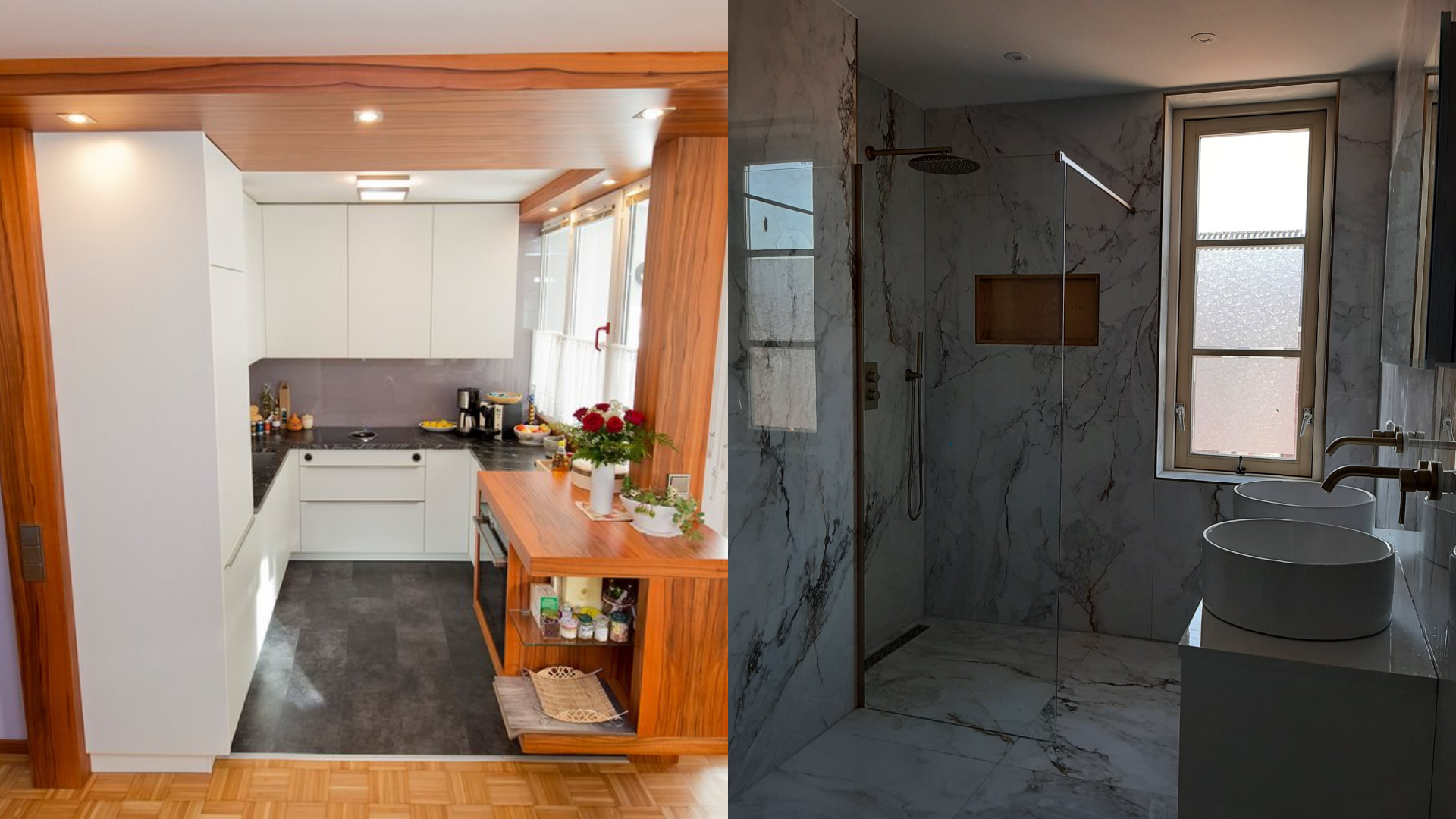 Split-Bild: Auf der linken Seite sehen Sie eine elegante, moderne Küche mit stilvollem Boden, während Sie auf der rechten Seite ein Marmorbad mit Glasdusche sehen.