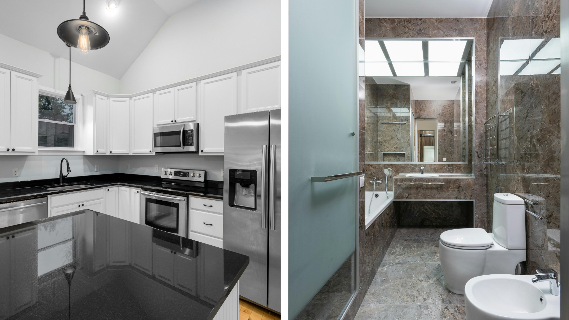 Split Bild: Moderne Küche auf der linken Seite mit weißen Schränken und Edelstahlgeräten; Modernes Badezimmer auf der rechten Seite mit Marmorfliesen, Badewanne und großen Spiegeln, perfekt für eine frische Erfrischung nach einem Frühjahrsputz.