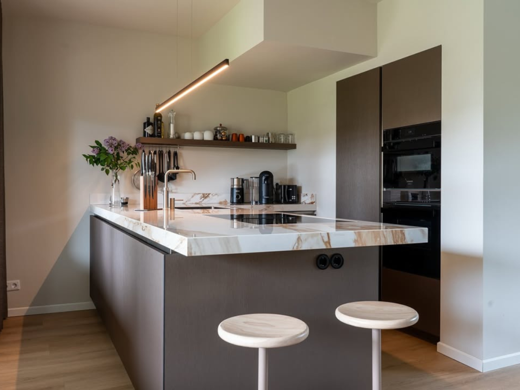 Moderne Küche mit einer Insel mit Marmorplatte und Barhockern, ergänzt durch eine elegante Beleuchtung. Der eingebaute Backofen und das Kochfeld werden von minimalistischen offenen Regalen eingerahmt, während eine Vase mit Blumen für einen frischen Touch sorgt und Frühlingstipps für frühlingshafte Eleganz bietet.