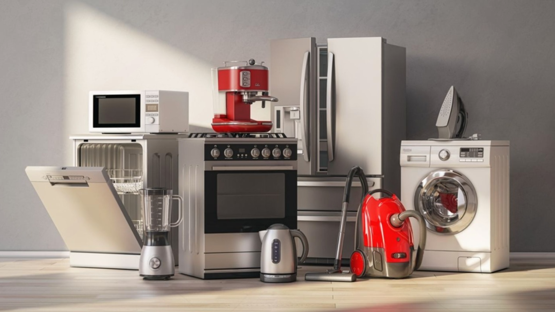Eine Sammlung trendiger Küchengeräte, darunter eine Mikrowelle, ein Geschirrspüler, ein Mixer, ein Herd, ein Wasserkocher, eine Kaffeemaschine, ein Kühlschrank, ein Staubsauger, ein Bügeleisen und eine Waschmaschine, die wunderschön in einem Raum präsentiert werden.