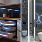 Geteiltes Bild mit Schwerpunkt auf modernen Küchen und Bädern: links eine moderne Küche mit offenen Schubladen und eleganten Geräten, und rechts ein modernes Badezimmer mit Glasdusche und rundem Spiegel.