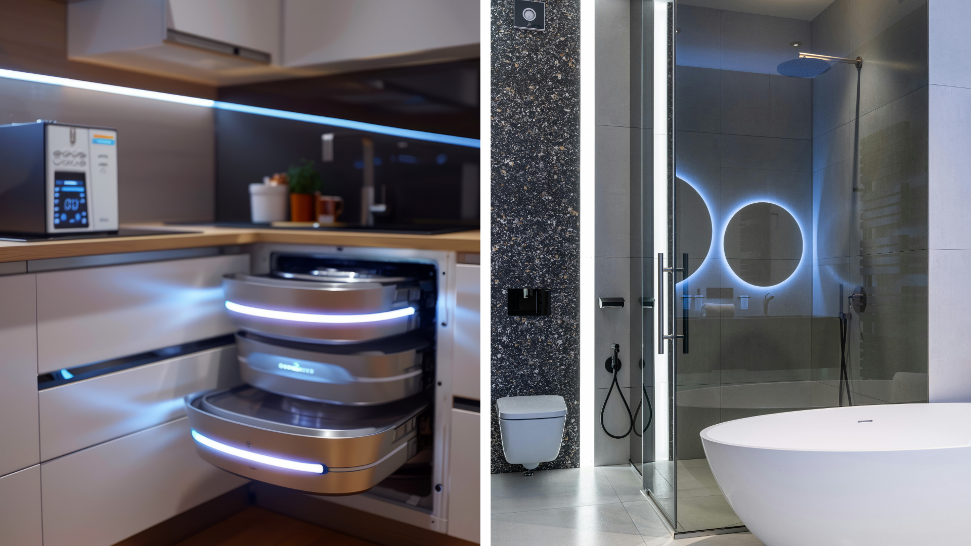 Geteiltes Bild mit Schwerpunkt auf modernen Küchen und Bädern: links eine moderne Küche mit offenen Schubladen und eleganten Geräten, und rechts ein modernes Badezimmer mit Glasdusche und rundem Spiegel.