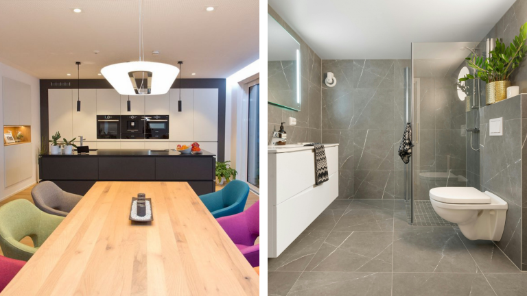 Split Bild: Links eine moderne Küche mit einem Esstisch aus Holz und bunten Stühlen. Rechts ein grau gefliestes Badezimmer mit begehbarer Dusche, WC und Waschbecken.