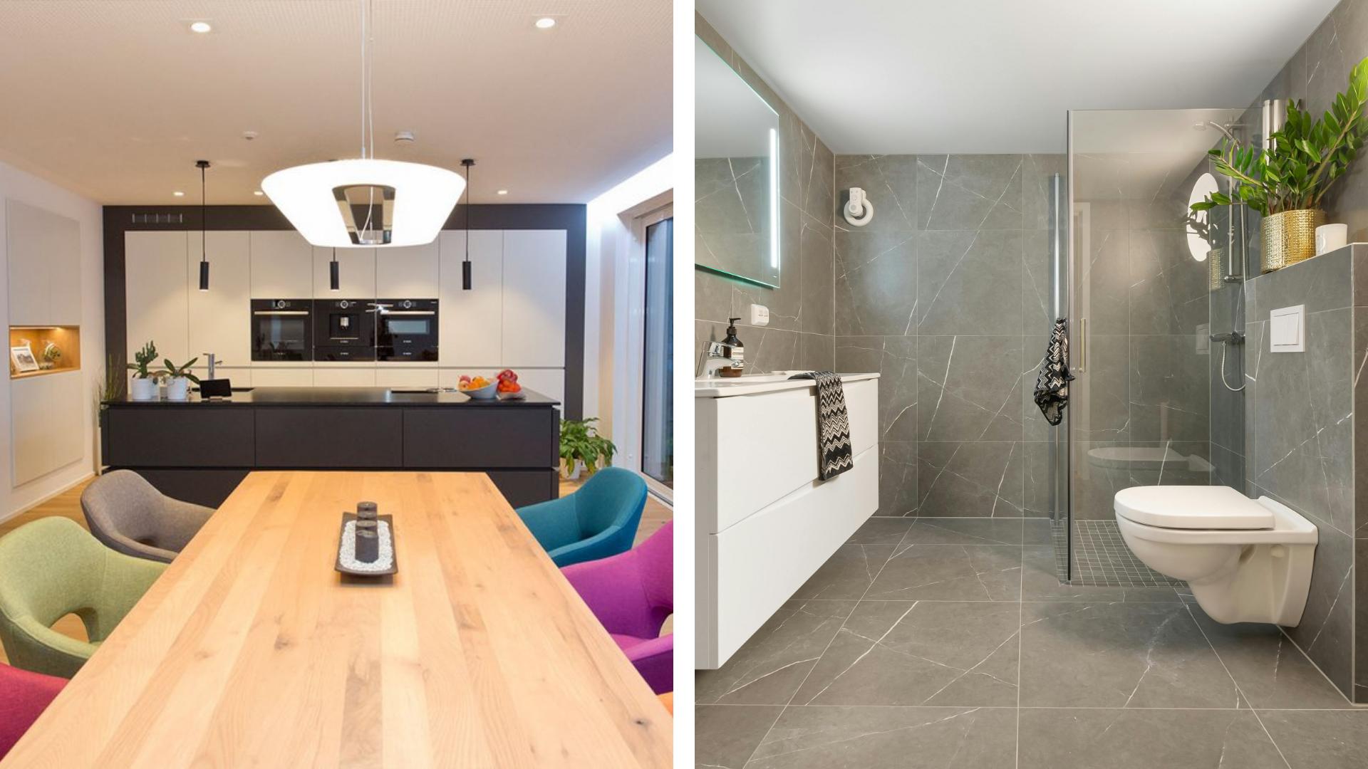 Split Bild: Links eine moderne Küche mit einem Esstisch aus Holz und bunten Stühlen. Rechts ein grau gefliestes Badezimmer mit begehbarer Dusche, WC und Waschbecken.